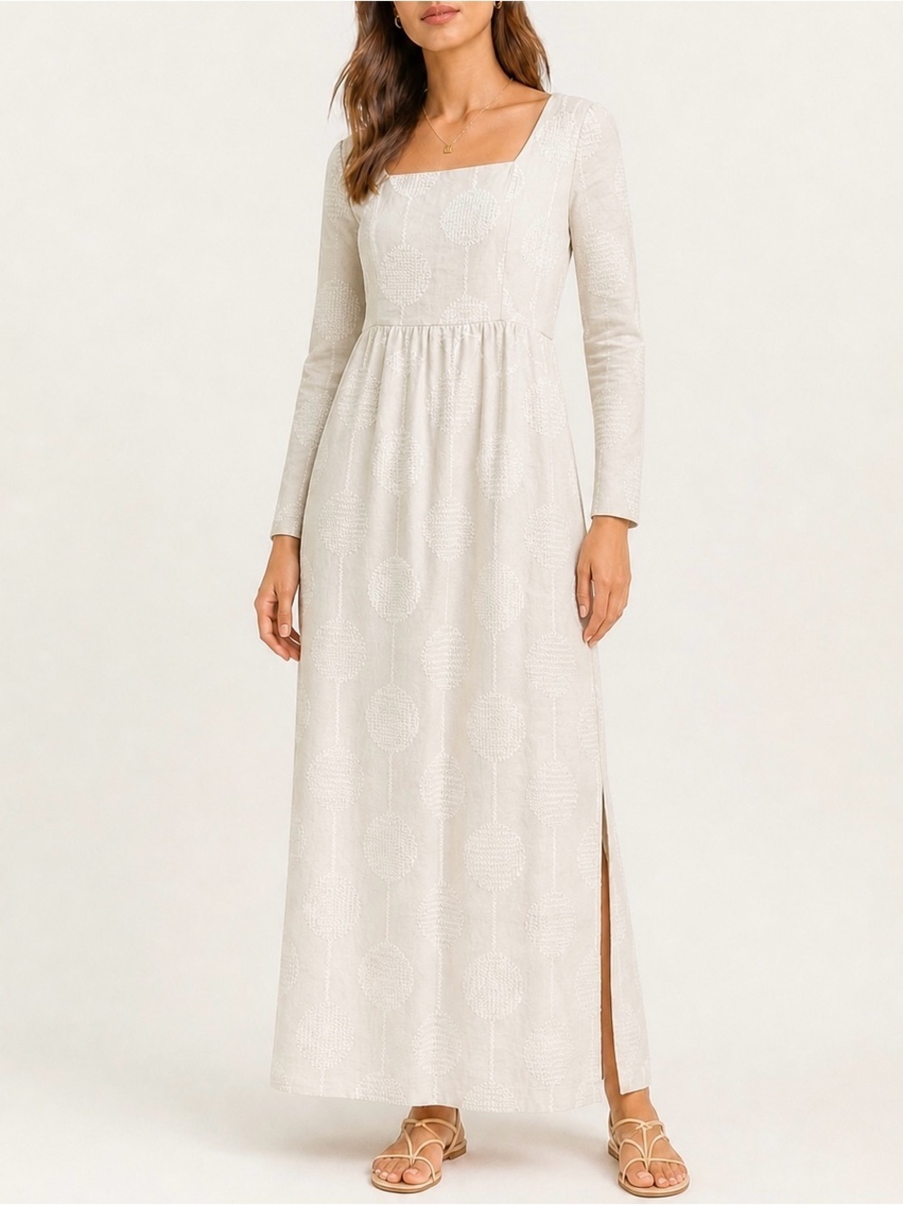Vita Grace Cayo Embroidered Maxi Dress Boho Linen Blend Beige Tan Cream Medium
